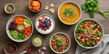 Four diverse and colorful gut-healthy recipes, including kimchi bowl, lentil soup, berry yogurt parfait, and quinoa salad, promoting immunity and digestion.