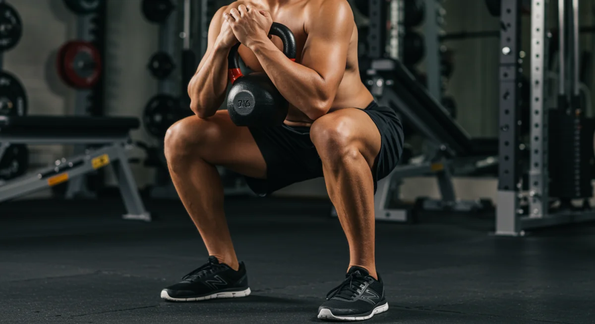 Person demonstrating proper kettlebell squat form for functional strength.