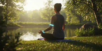 Person meditating in a peaceful natural setting, symbolizing mood improvement through mindfulness.