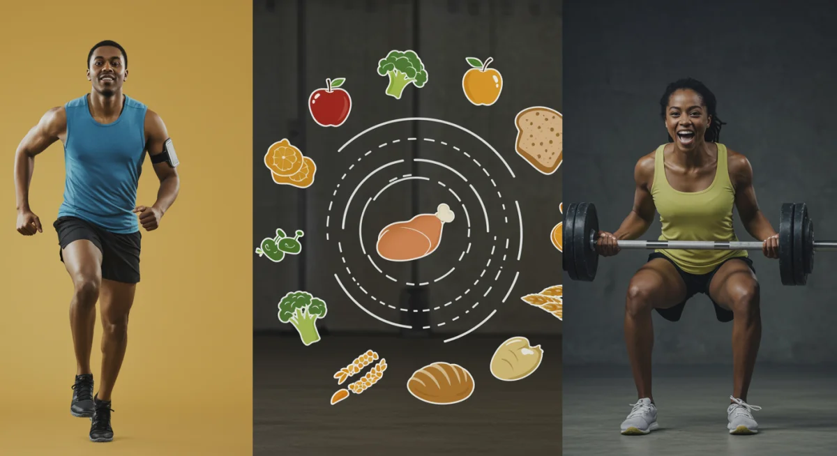 Diverse athletes performing sports with healthy food icons, representing sustained energy.