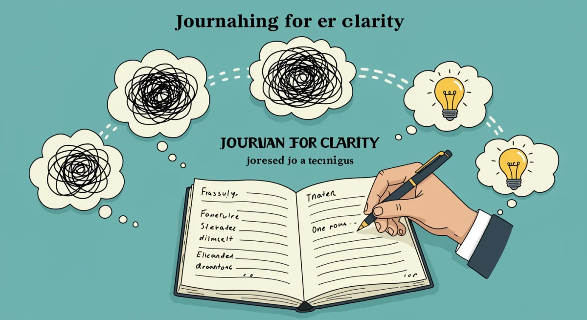 Hand writing in a journal, transforming chaotic thoughts into clear ideas, symbolizing journaling for mental clarity.