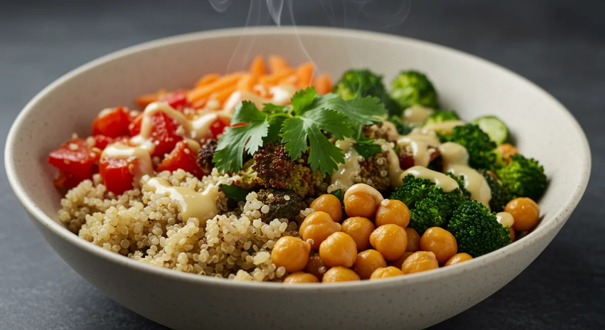 Steaming bowl of Medi-Grain Power Bowl with quinoa and roasted vegetables