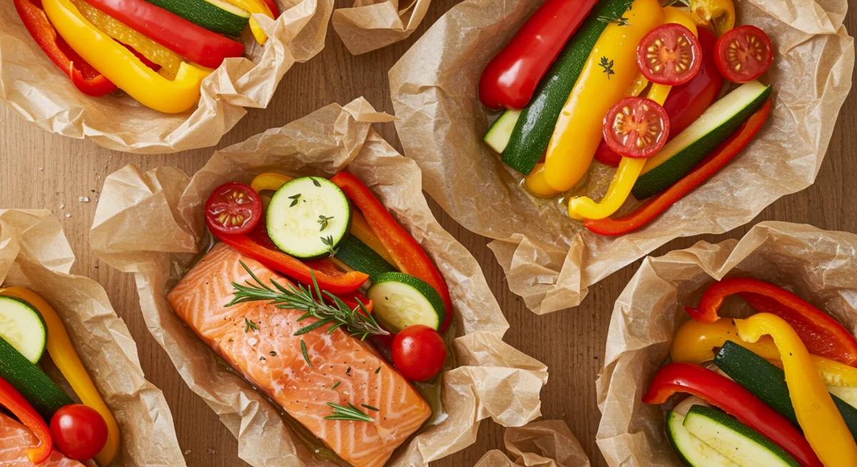 Mediterranean Salmon and Veggie Packs ready for oven baking.