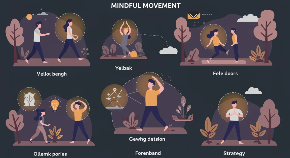 Diverse individuals practicing mindful movement like yoga and walking in nature, promoting physical and mental well-being.