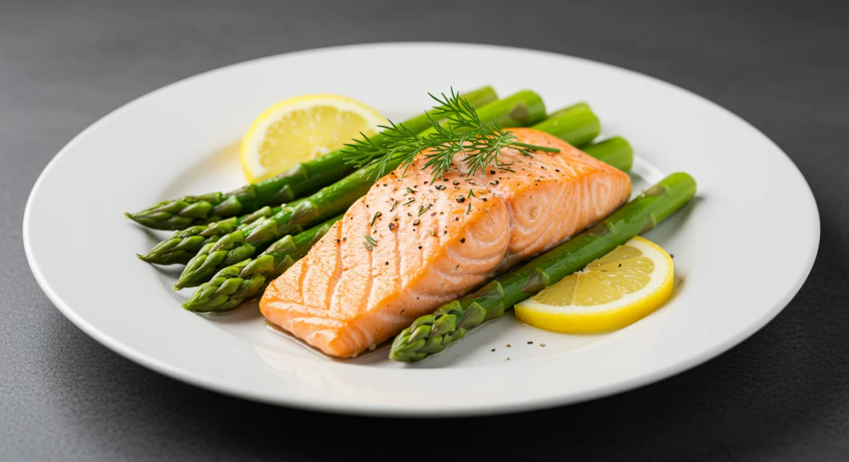 Beautifully plated omega-rich salmon and asparagus dish