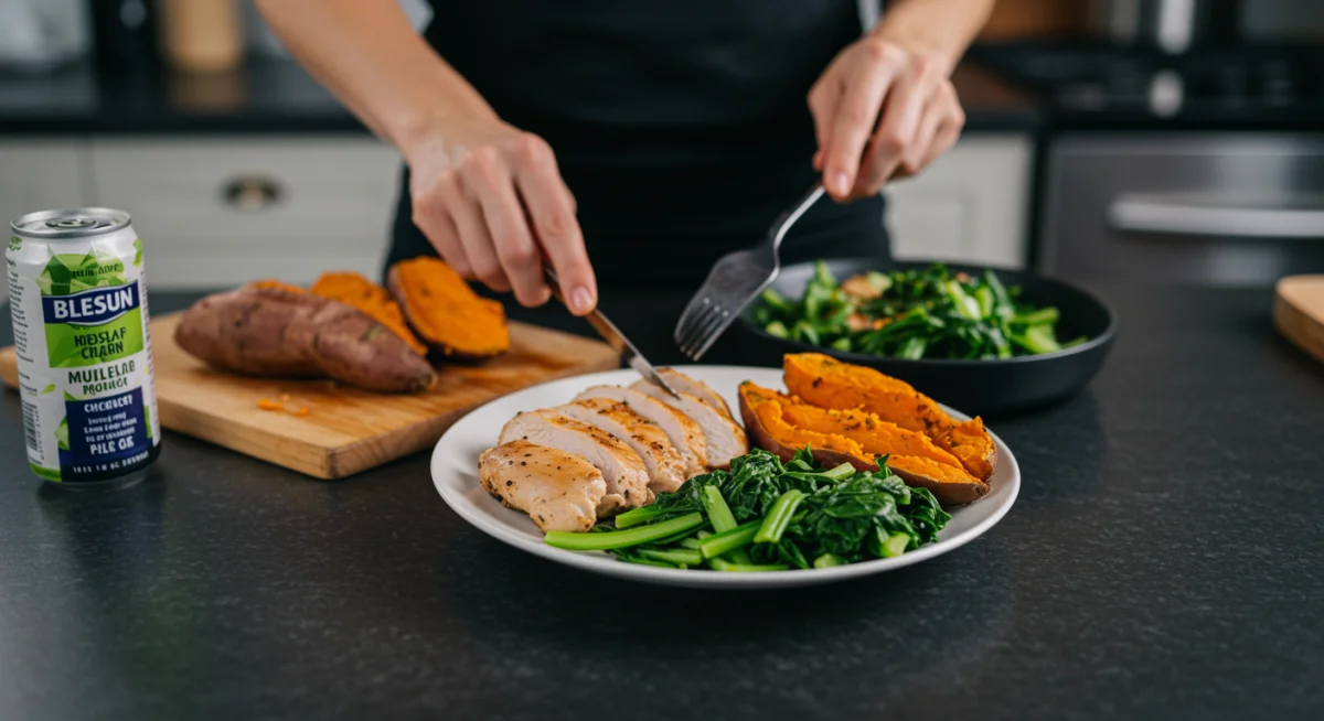 Healthy post-workout meal with lean protein and complex carbs