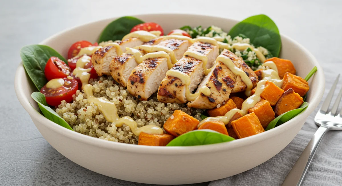Close-up of a vibrant and healthy Quinoa Power Bowl with grilled chicken.