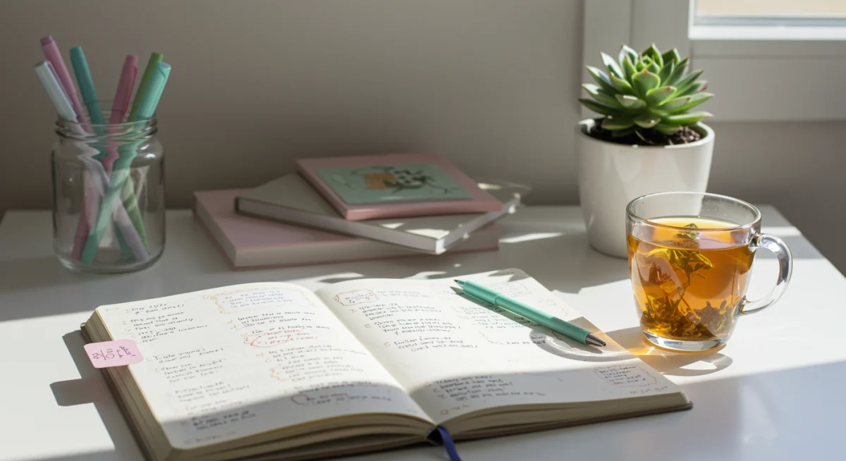 Organized desk with journal and tea, promoting self-care for stress reduction
