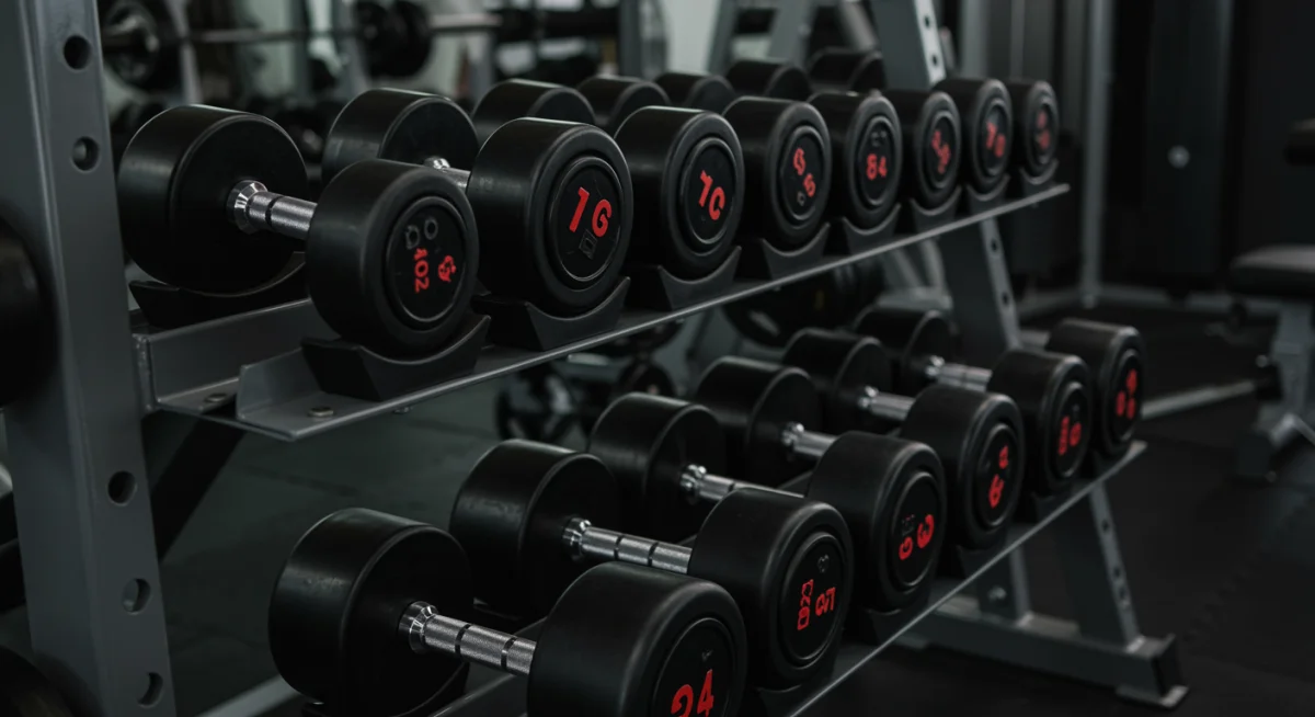 Weight rack with various dumbbells and barbells for progressive overload