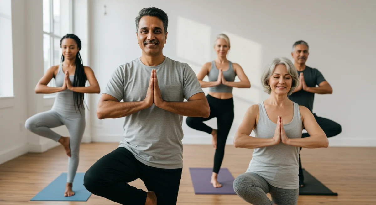 Diverse group practicing yoga for stress relief and physical well-being