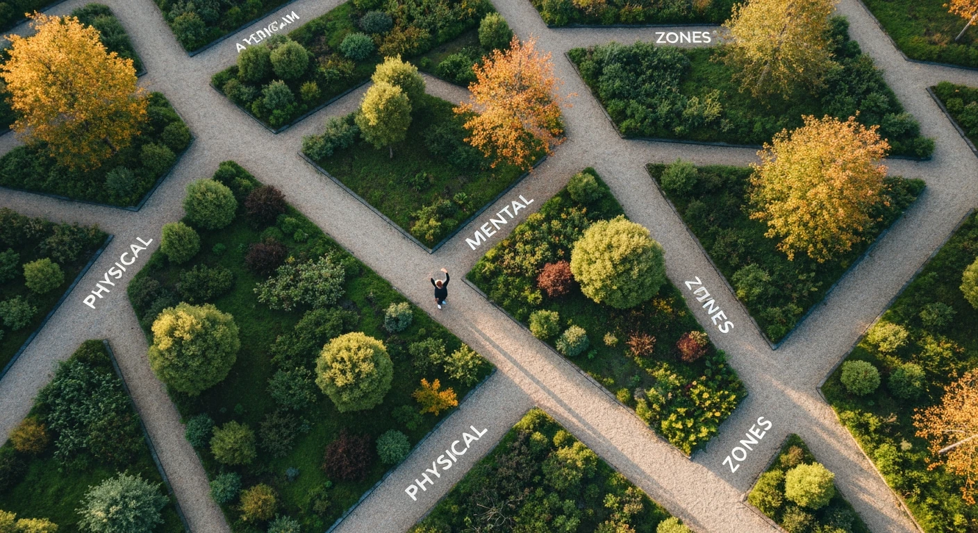 Aerial view of a person walking through a geometric garden with interconnected paths, symbolizing a holistic healthy lifestyle plan and the interplay of physical, mental, and emotional well-being.