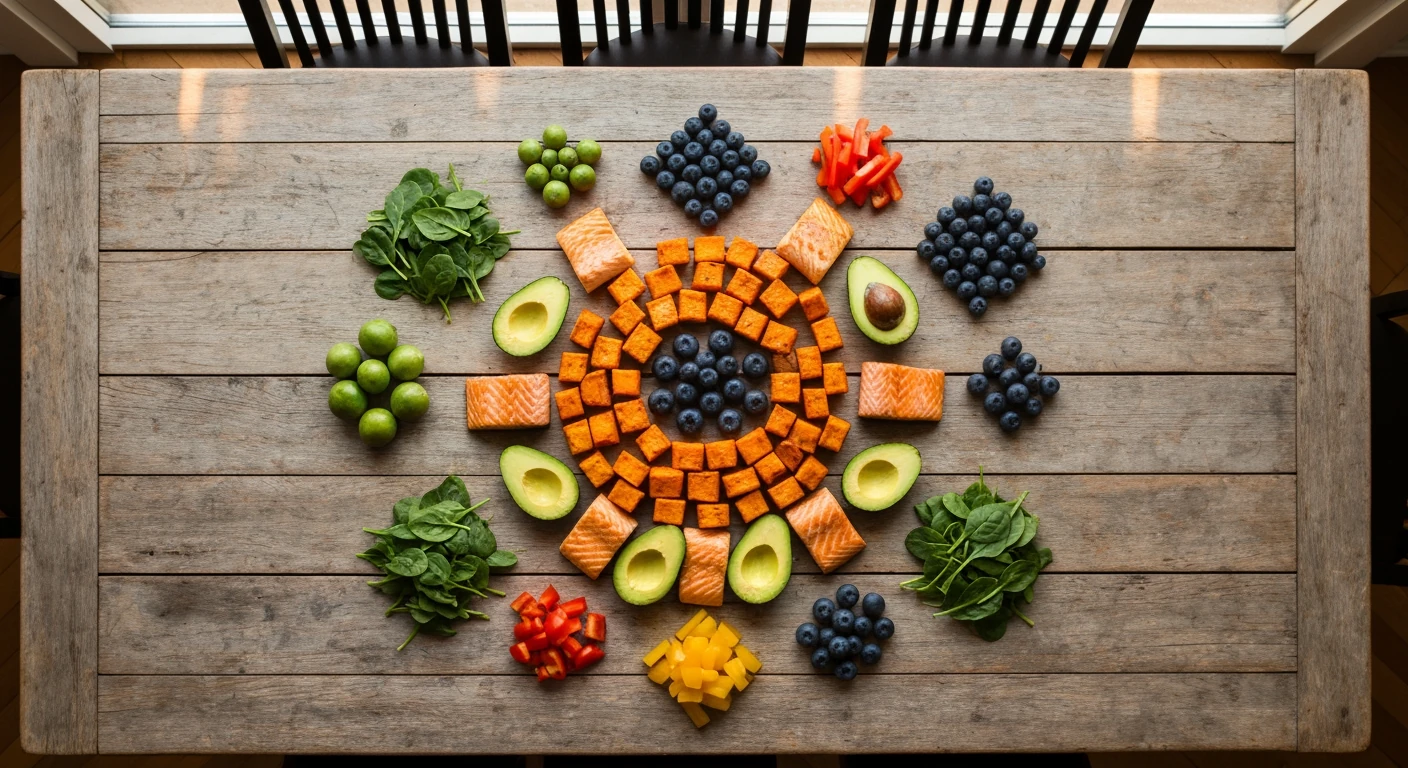 An aerial view of a wooden table with healthy foods arranged in geometric patterns, showcasing a balanced diet with macronutrients and micronutrients like sweet potatoes, salmon, avocados, spinach, and blueberries, under warm morning light.