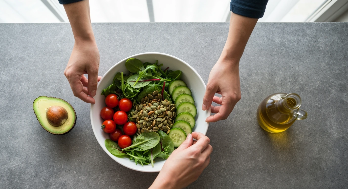 An overhead view of hands preparing a vibrant, healthy meal with fresh produce on a grey stone countertop, emphasizing mindful nutrition.