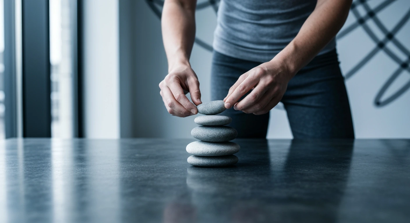 A person's torso and hands stacking smooth river stones on a concrete surface, symbolizing the delicate balance of healthy habits for mental well-being.