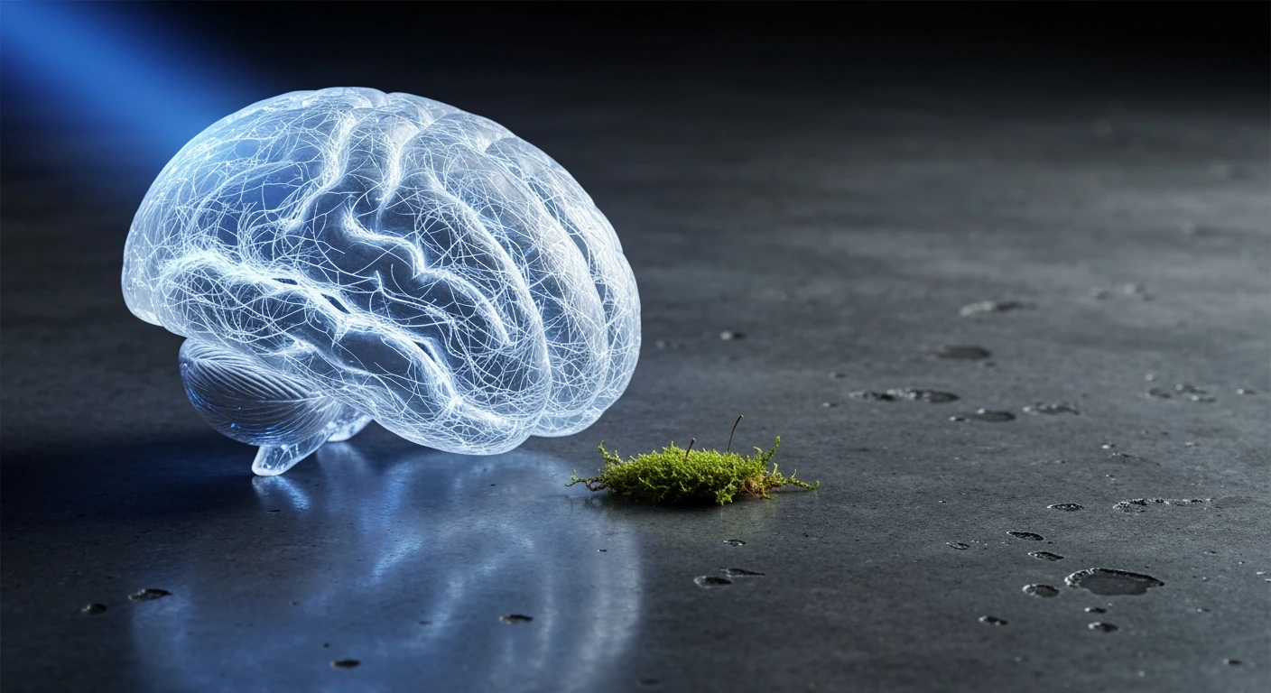 Close-up of a translucent ceramic brain sculpture with glowing neural pathways, illuminated by a cool blue light, resting on a dark concrete surface, symbolizing habit formation and brain plasticity.