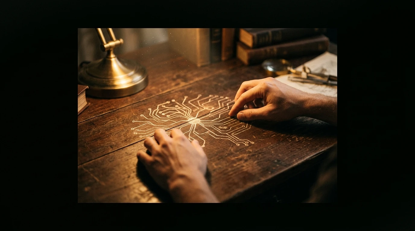 A person's hands tracing a glowing neural pathway diagram on a dark mahogany desk, illuminated by a dramatic, single beam of warm light, symbolizing habit formation and neurological processes.