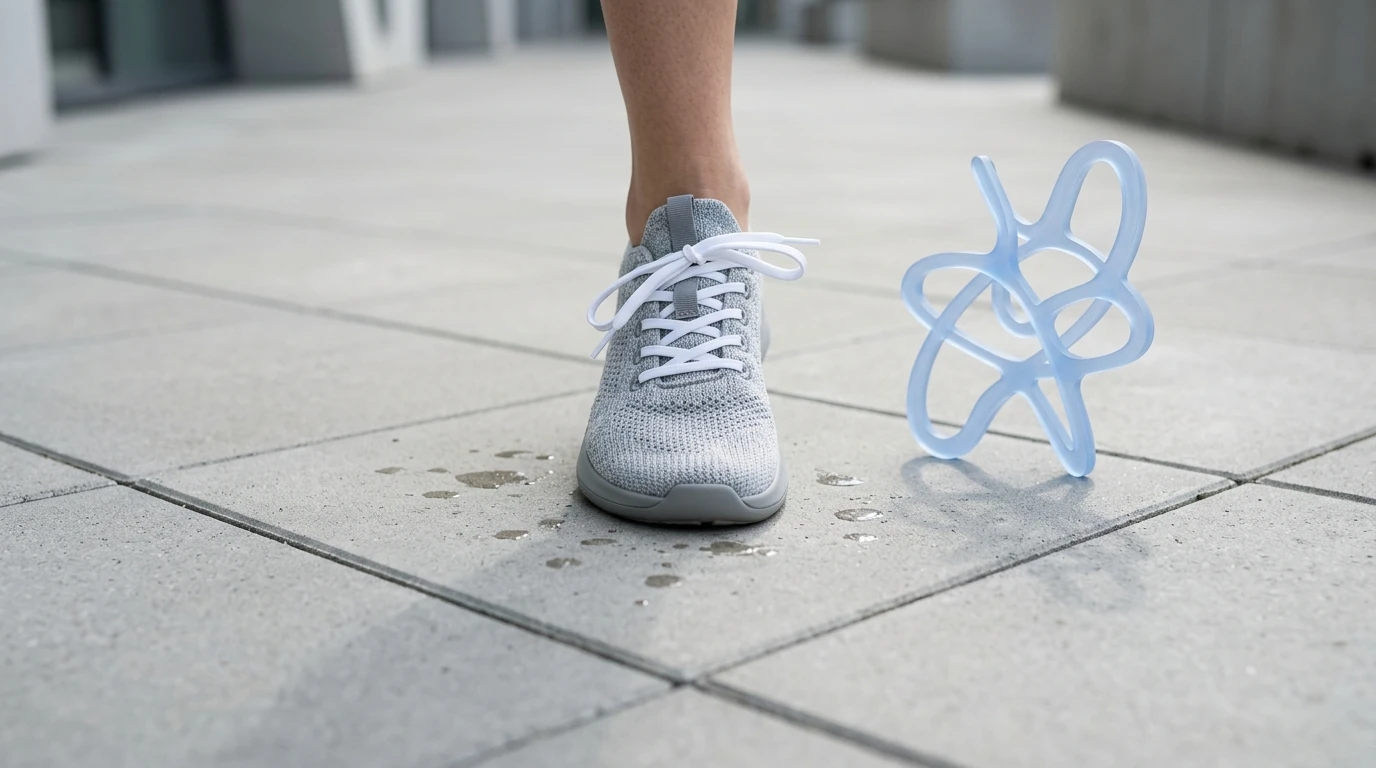 Close-up of an athletic shoe on geometric concrete, beside a translucent blue neural pathway sculpture, illustrating the link between exercise and mental well-being.