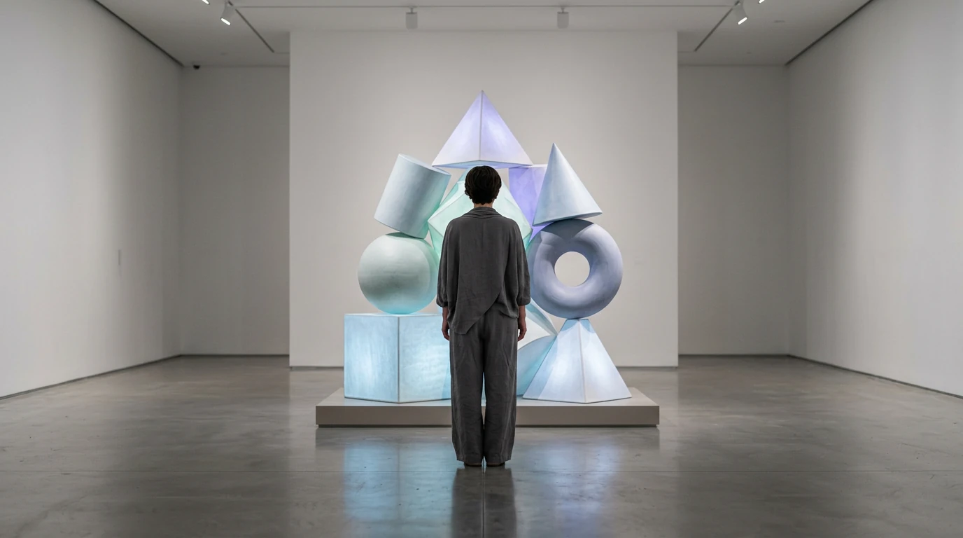 A person stands contemplating a minimalist art installation of seven geometric shapes, symbolizing the interconnected dimensions of holistic wellness in a serene gallery.