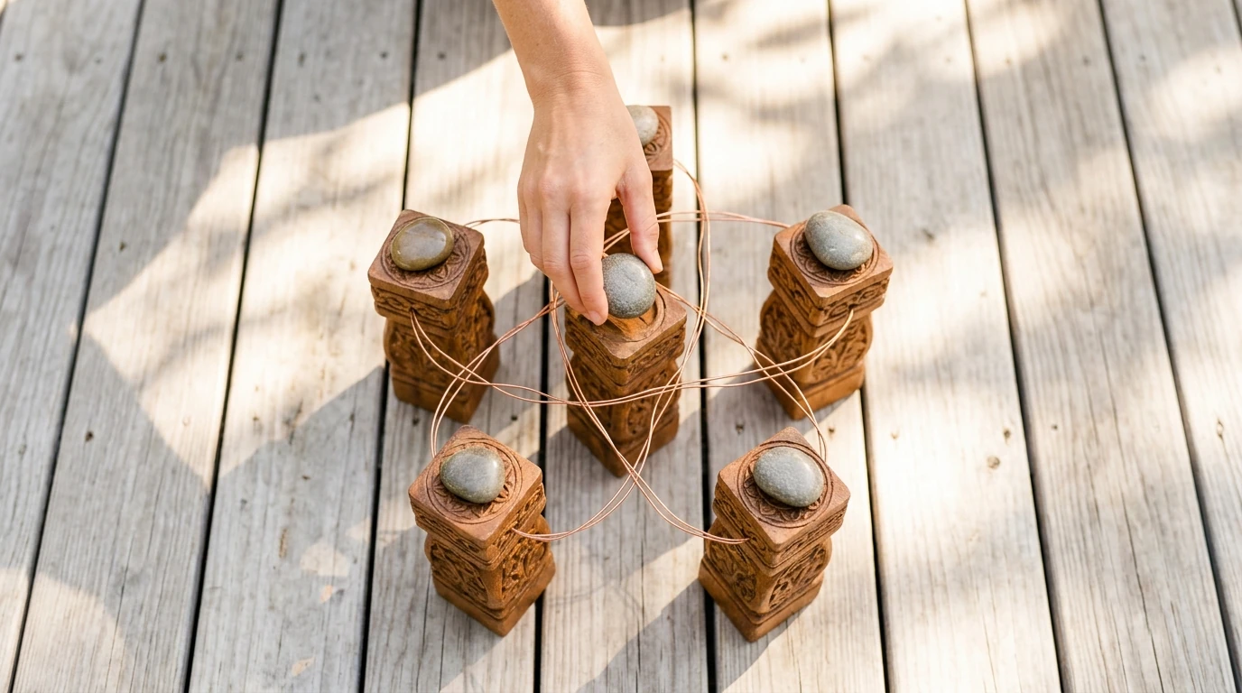 A person placing a polished river stone onto one of five interconnected wooden pillars, symbolizing holistic wellness and its components, on a sun-dappled wooden deck.