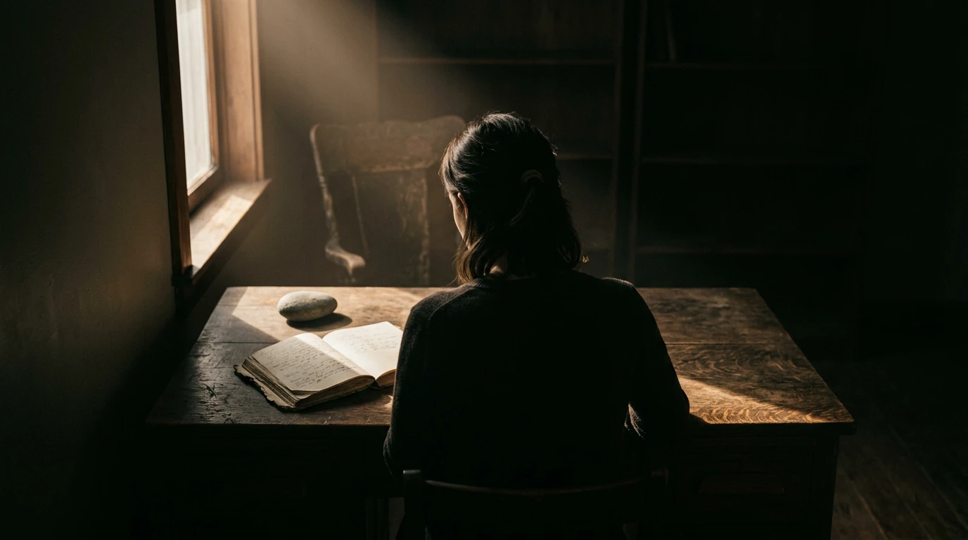 A person sits at a dark wooden desk, silhouetted by a single beam of light illuminating a journal and river stone, symbolizing the impact of daily routines on mental stability.