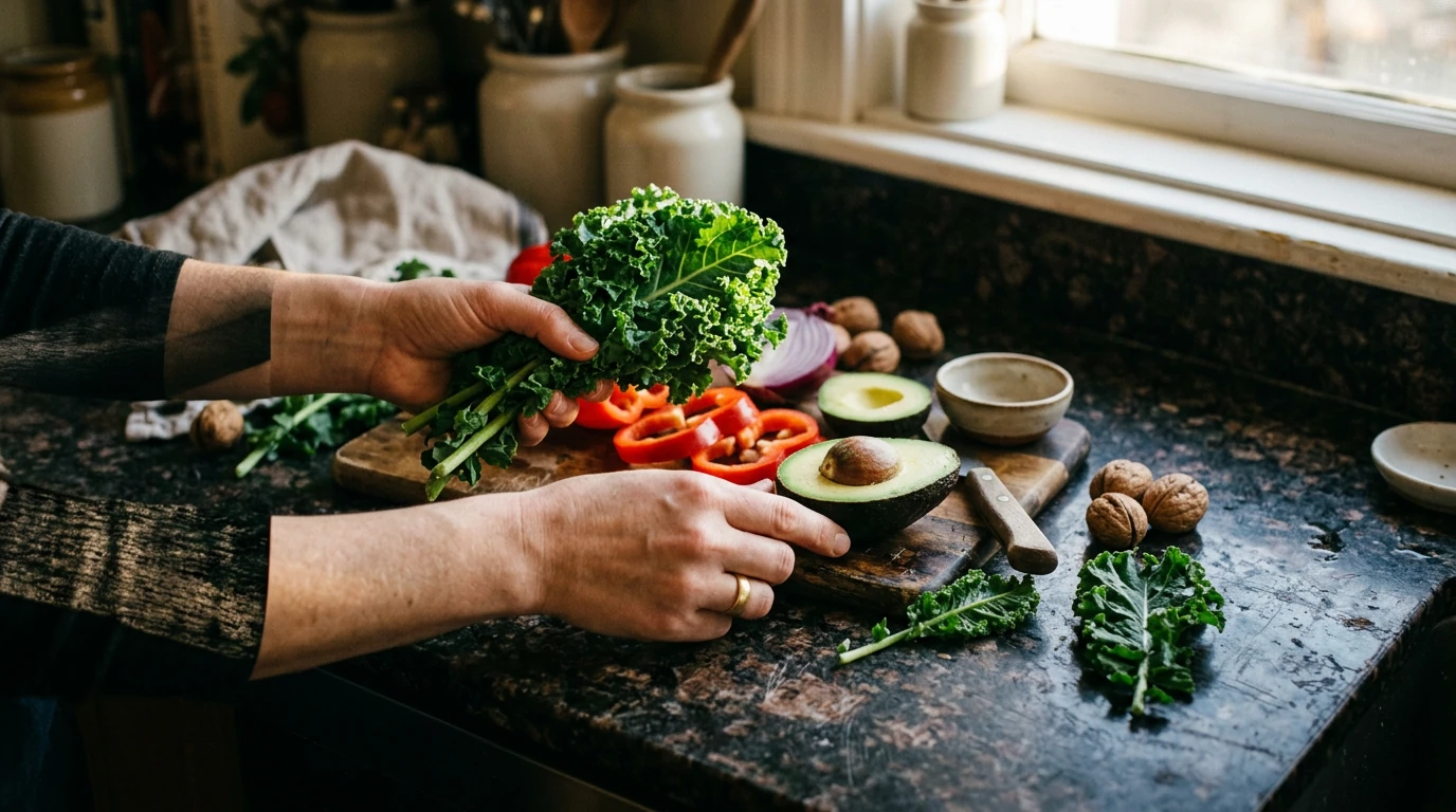 Close-up of hands preparing a nutrient-dense meal on a dark granite counter, featuring kale, avocado, bell peppers, and walnuts under dramatic lighting.