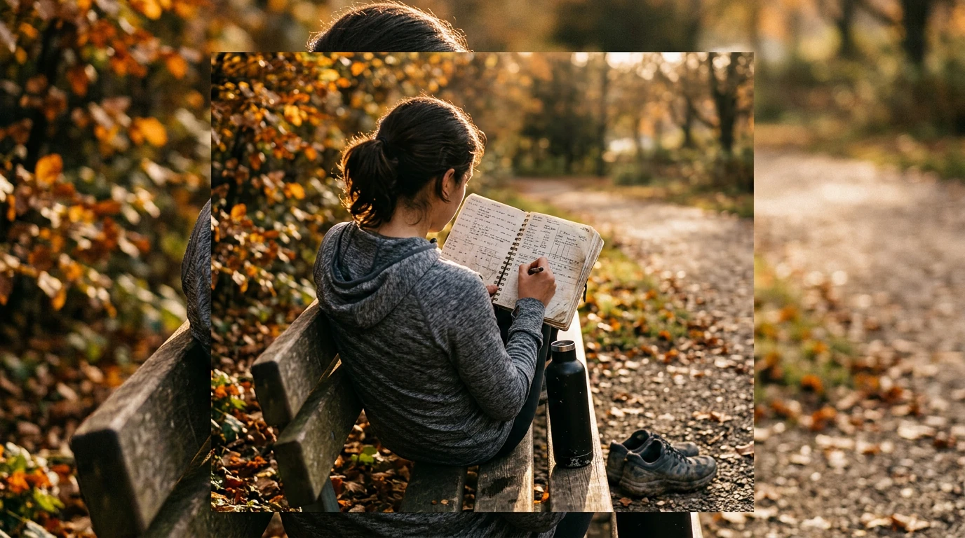 A person charting fitness goals in a journal on a park bench at golden hour, with running shoes nearby.