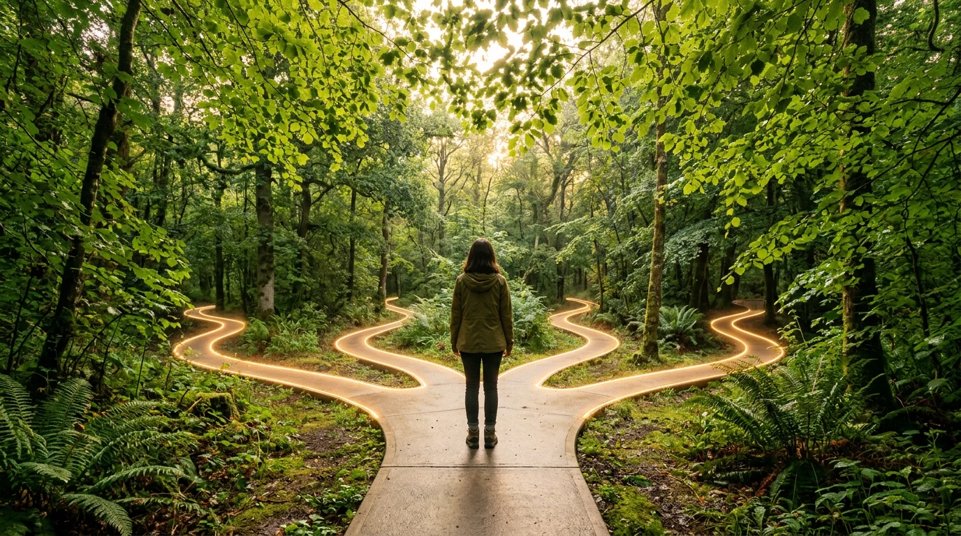 Une personne se tient devant plusieurs chemins baignés d'une lumière chaleureuse, symbolisant les dimensions interconnectées de la santé globale, sous une végétation verdoyante au lever du soleil.